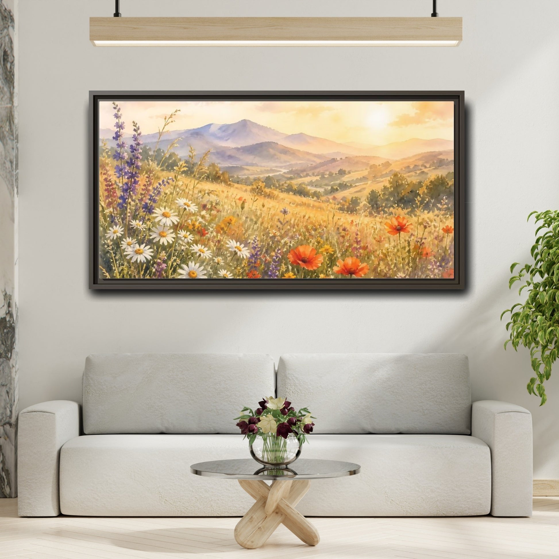 Mockup 2. Sunlit Wildflower Meadow shown as framed canvas print