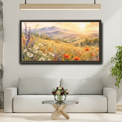 Mockup 2. Sunlit Wildflower Meadow shown as framed canvas print