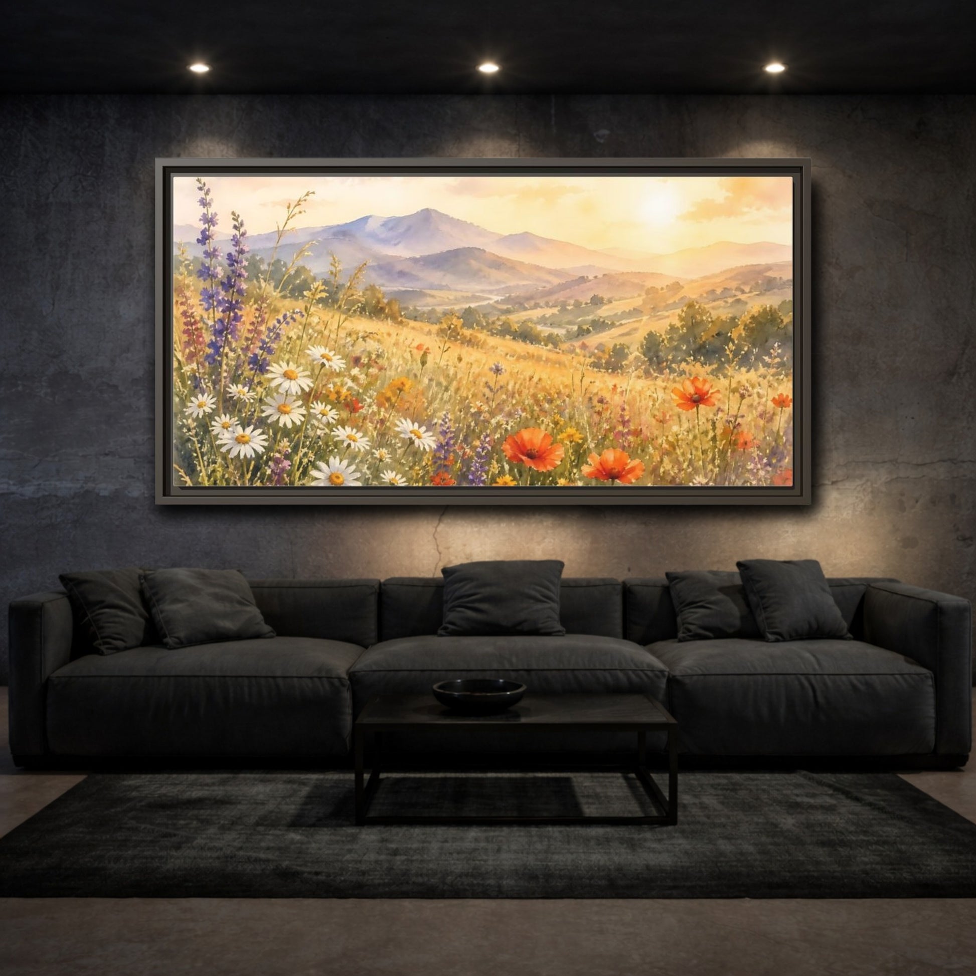 Mockup 3. Sunlit Wildflower Meadow shown as framed canvas print