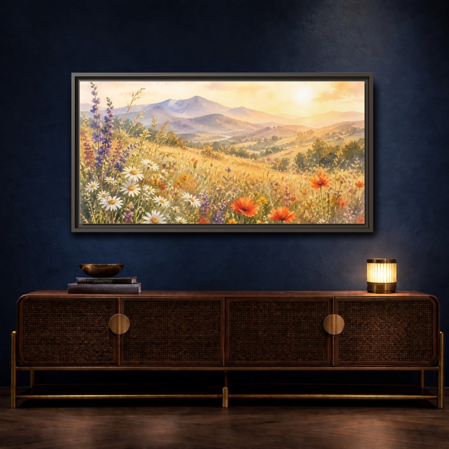 Mockup 4. Sunlit Wildflower Meadow shown as framed canvas print