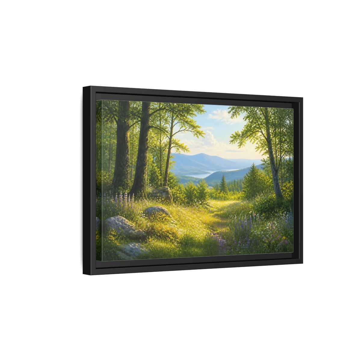 Side Mockup 6. Sunlit Woodland Lake View shown as framed canvas print
