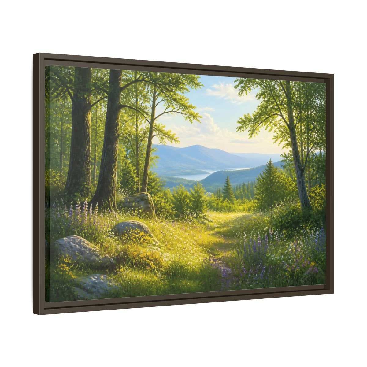 Side Mockup 11. Sunlit Woodland Lake View shown as framed canvas print