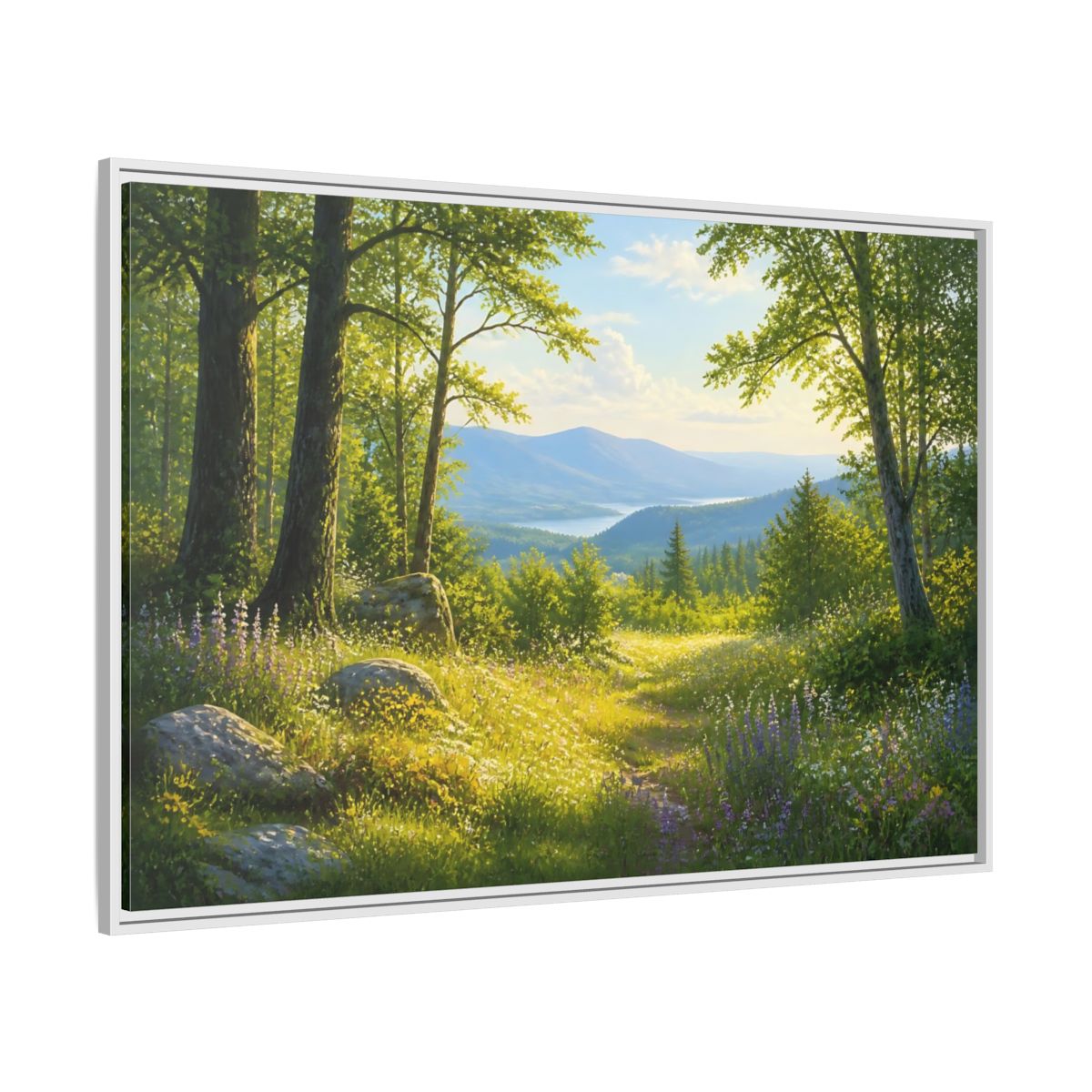 Side Mockup 7. Sunlit Woodland Lake View shown as framed canvas print