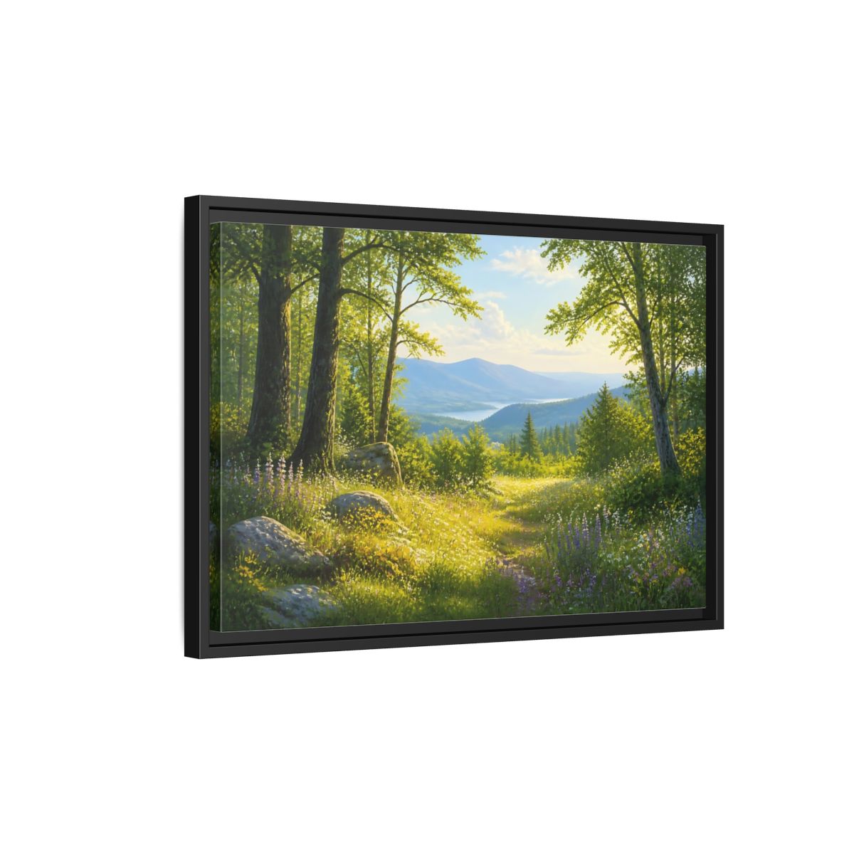 Side Mockup 3. Sunlit Woodland Lake View shown as framed canvas print