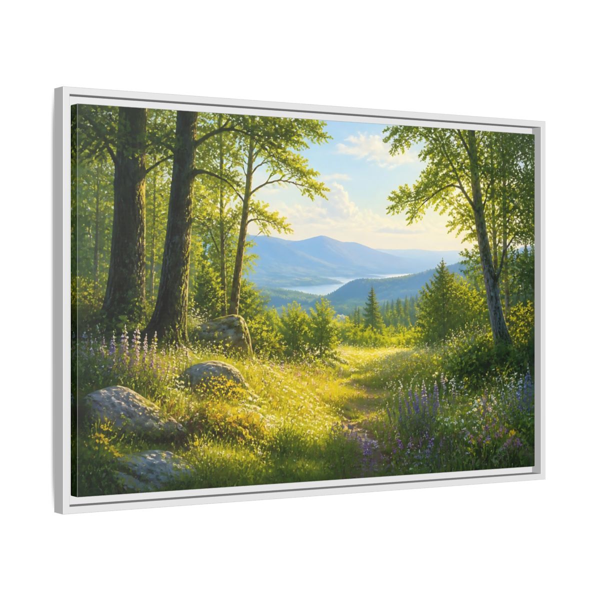 Side Mockup 9. Sunlit Woodland Lake View shown as framed canvas print