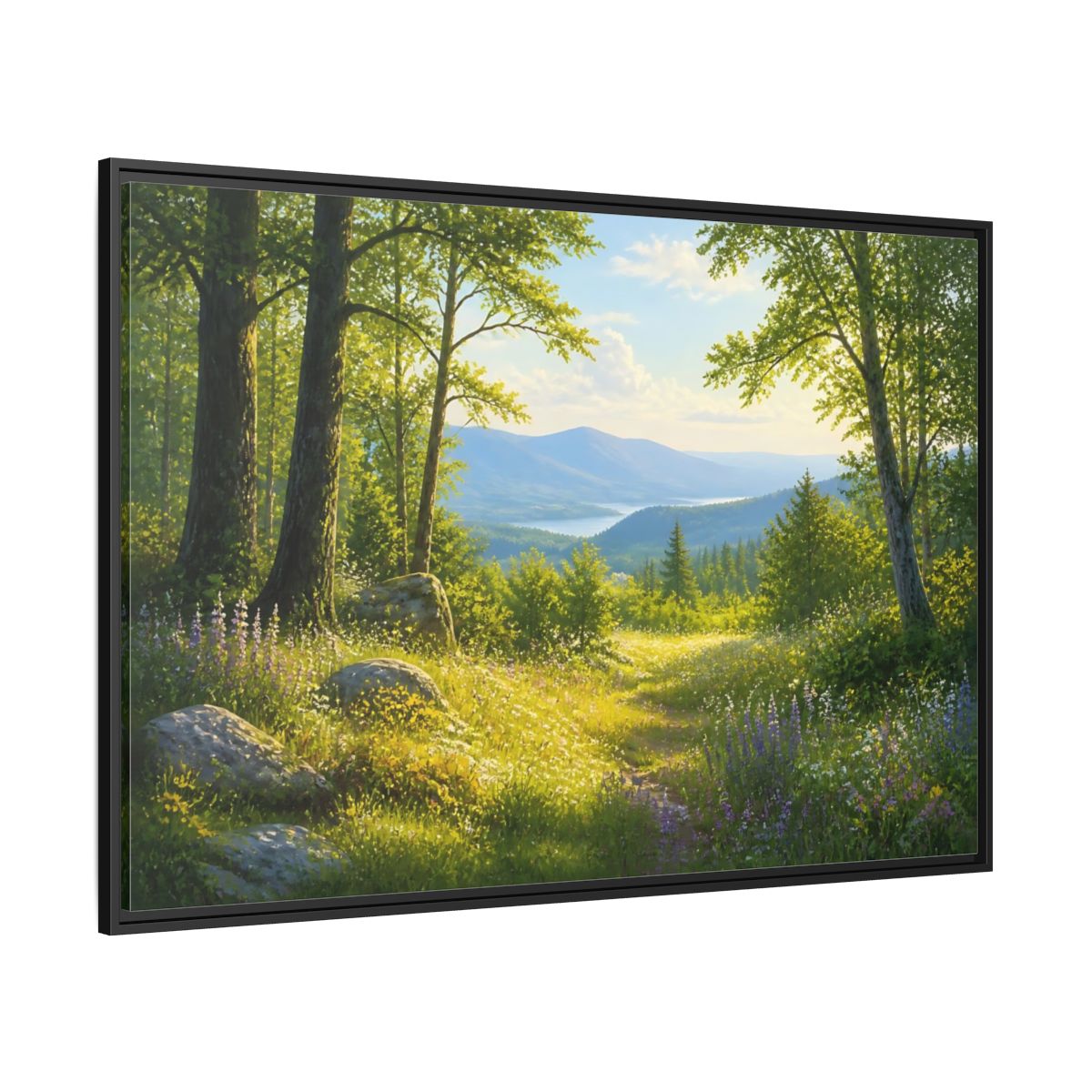 Side Mockup 12. Sunlit Woodland Lake View shown as framed canvas print