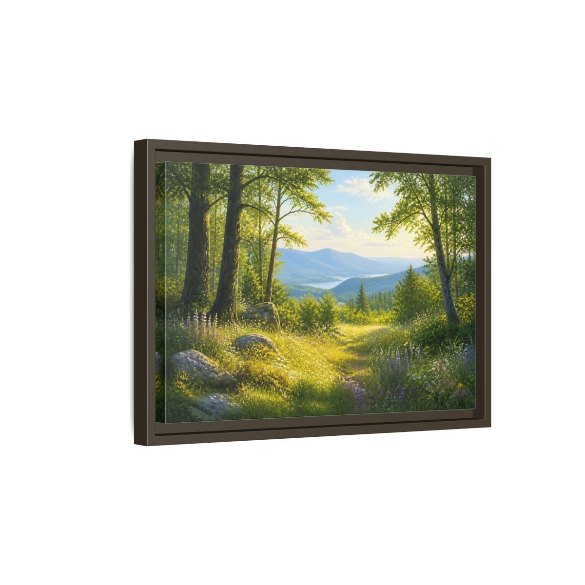 Side Mockup 5. Sunlit Woodland Lake View shown as framed canvas print