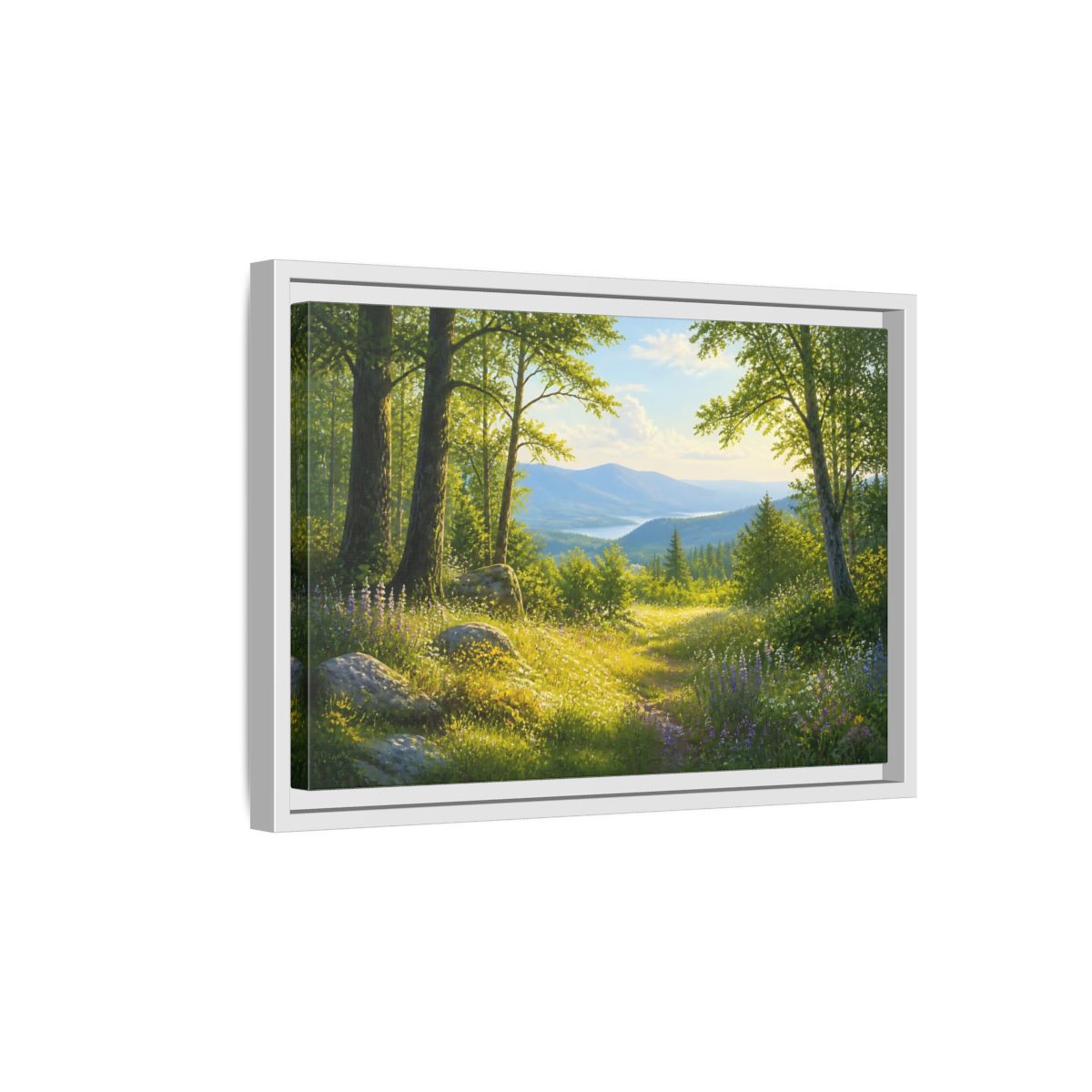 Side Mockup 4. Sunlit Woodland Lake View shown as framed canvas print