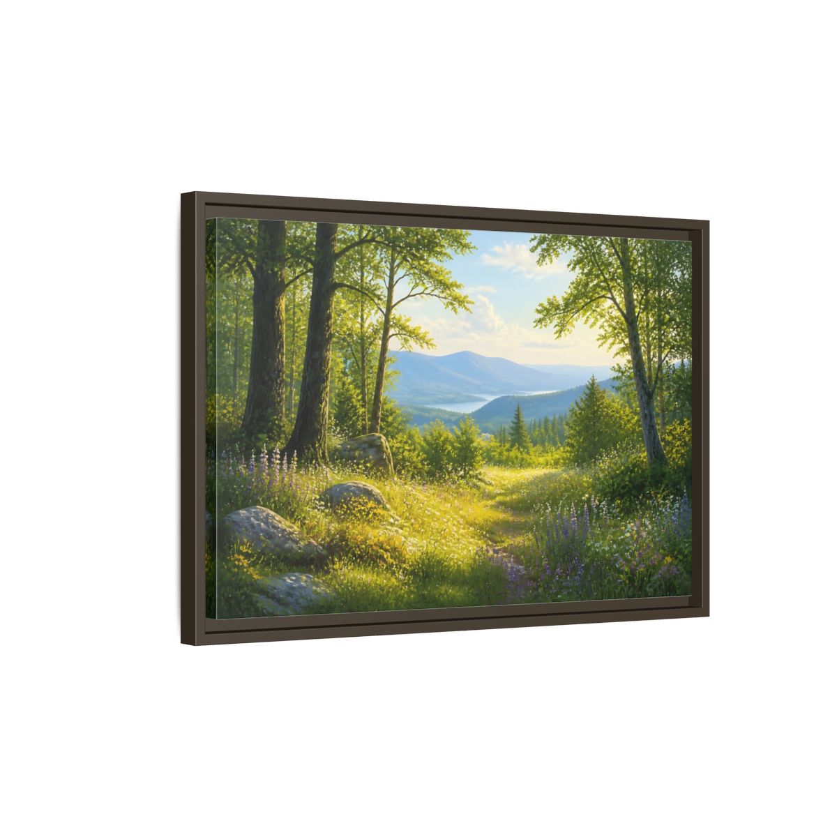 Side Mockup 2. Sunlit Woodland Lake View shown as framed canvas print