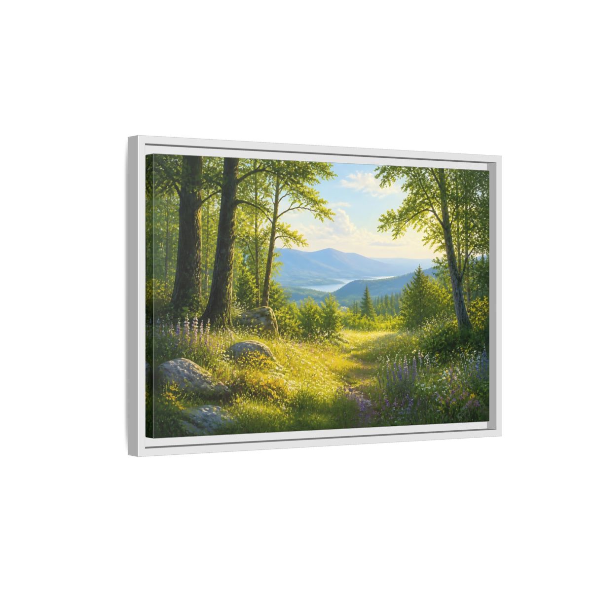 Side Mockup 1. Sunlit Woodland Lake View shown as framed canvas print