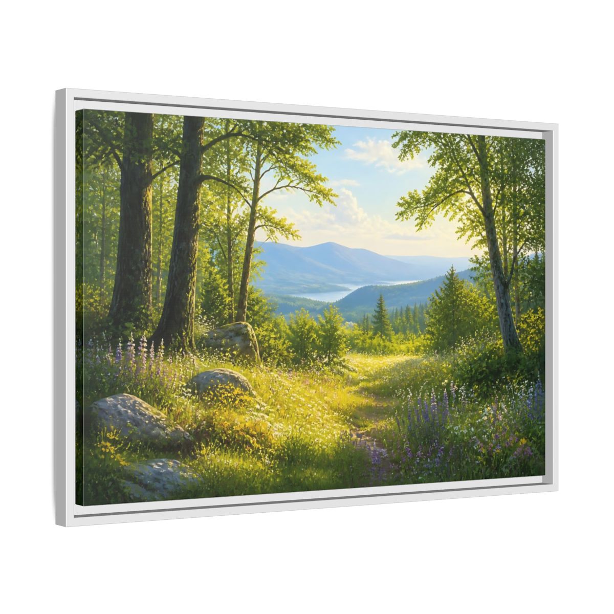 Side Mockup 10. Sunlit Woodland Lake View shown as framed canvas print