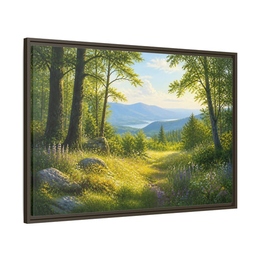 Main Mockup. Sunlit Woodland Lake View shown as framed canvas print