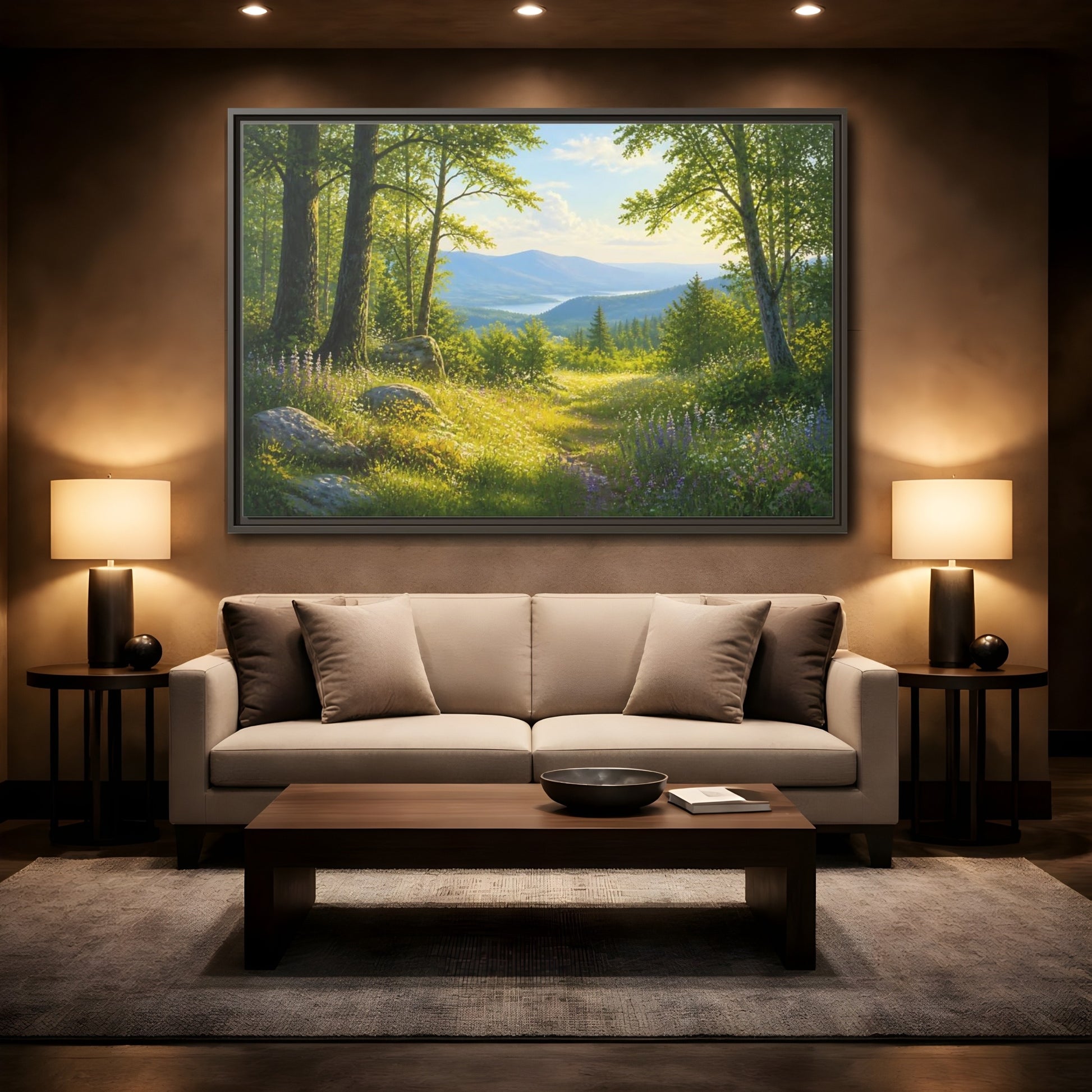 Mockup 2. Sunlit Woodland Lake View shown as framed canvas print