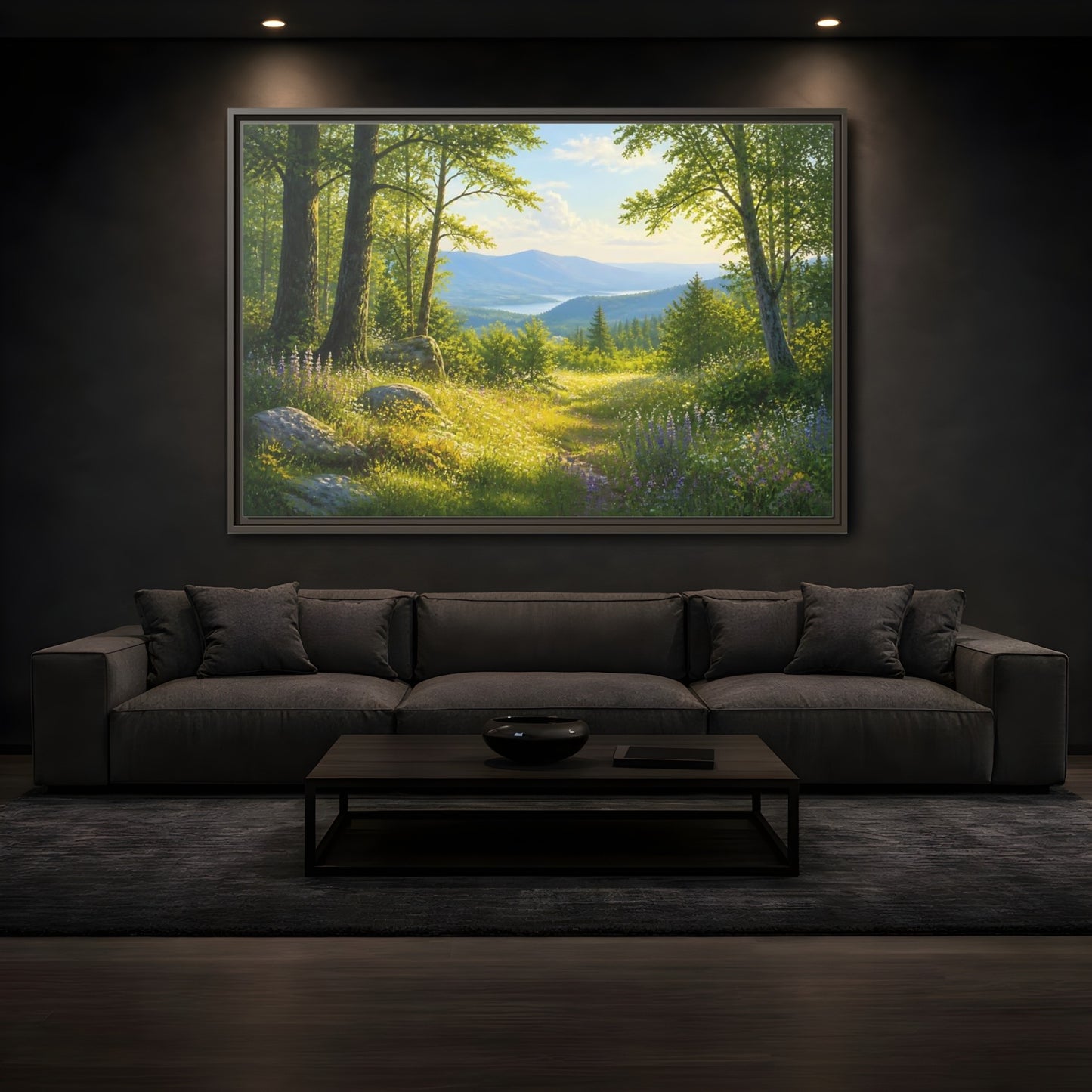 Mockup 3. Sunlit Woodland Lake View shown as framed canvas print