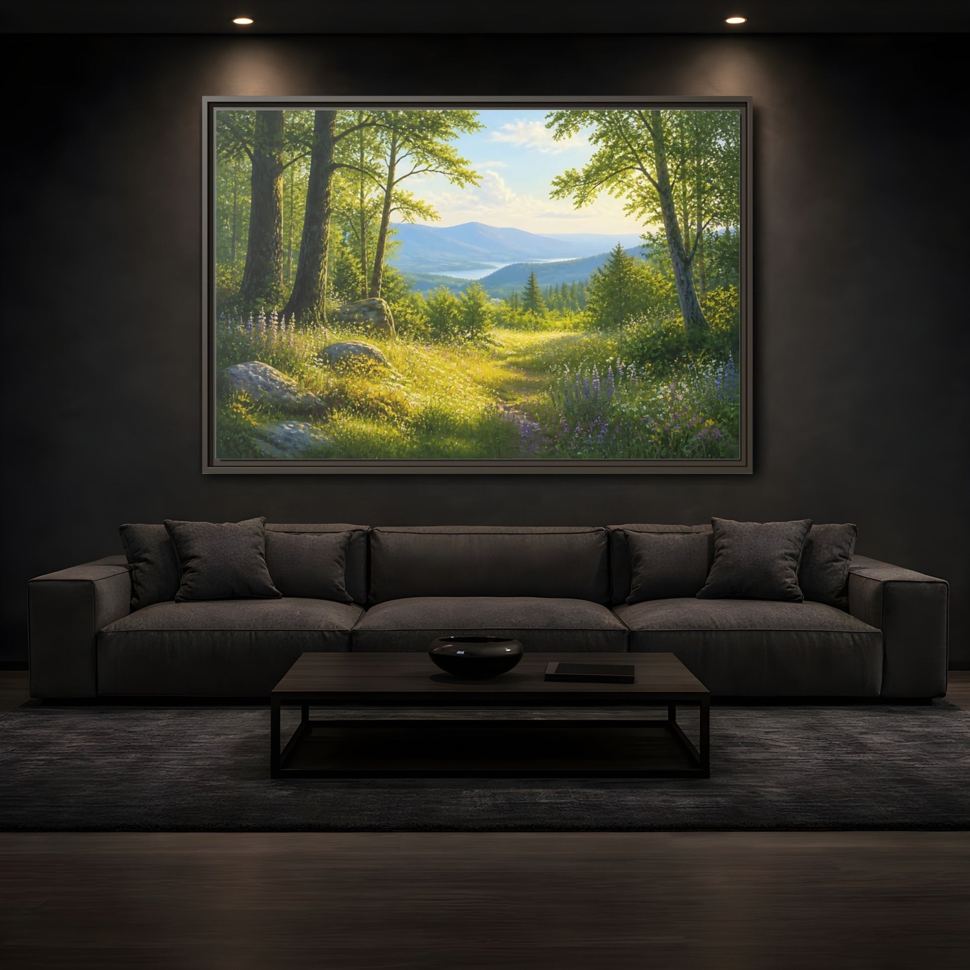 Mockup 3. Sunlit Woodland Lake View shown as framed canvas print