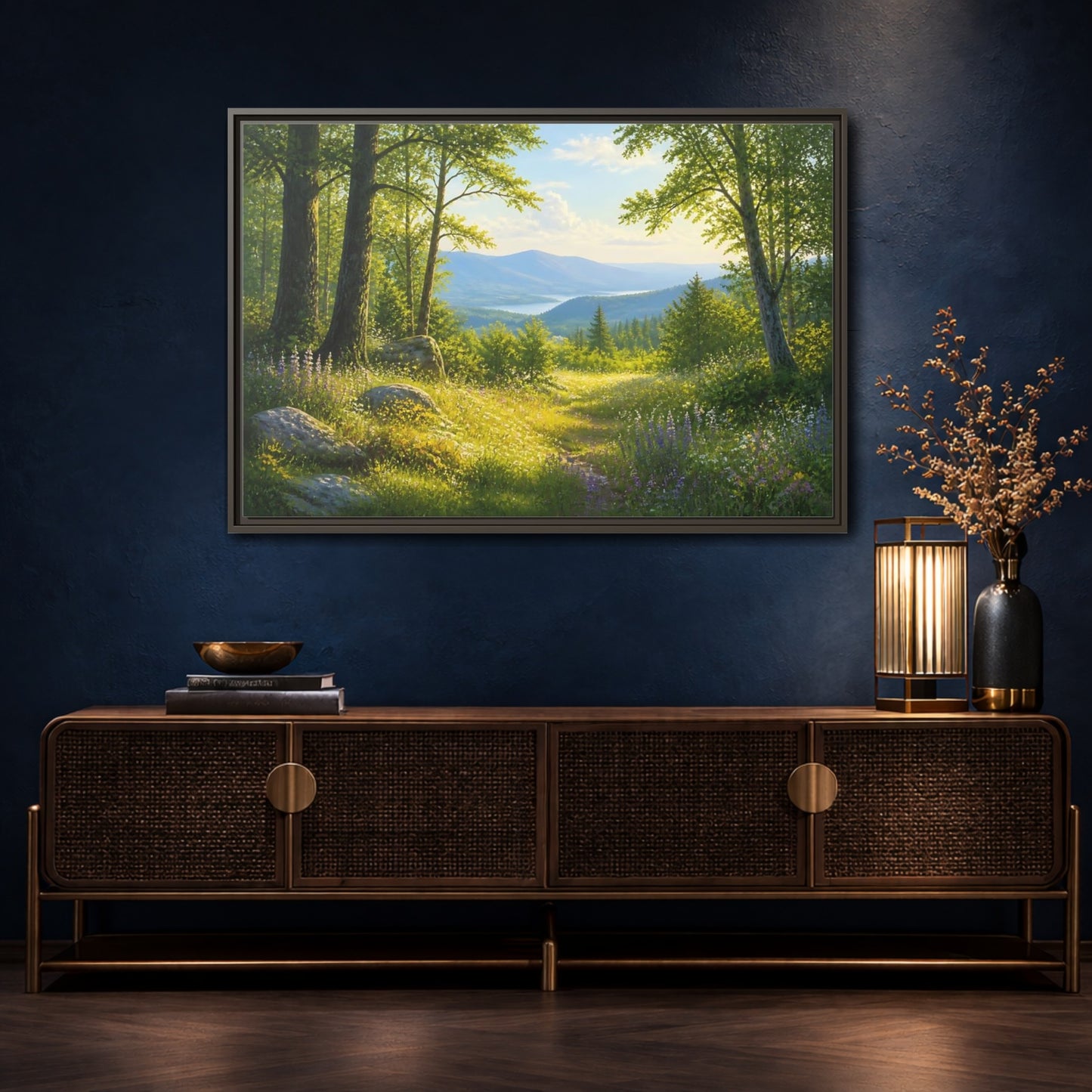 Mockup 4. Sunlit Woodland Lake View shown as framed canvas print