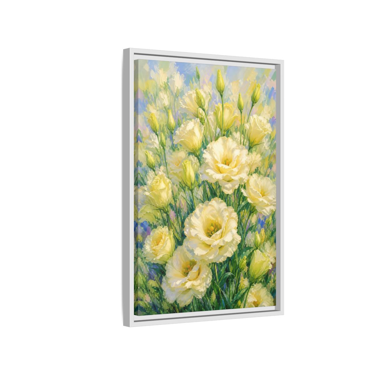 Side Mockup 1. Sunlit Yellow Blossoms shown as framed canvas print