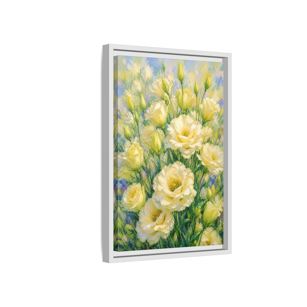 Side Mockup 4. Sunlit Yellow Blossoms shown as framed canvas print