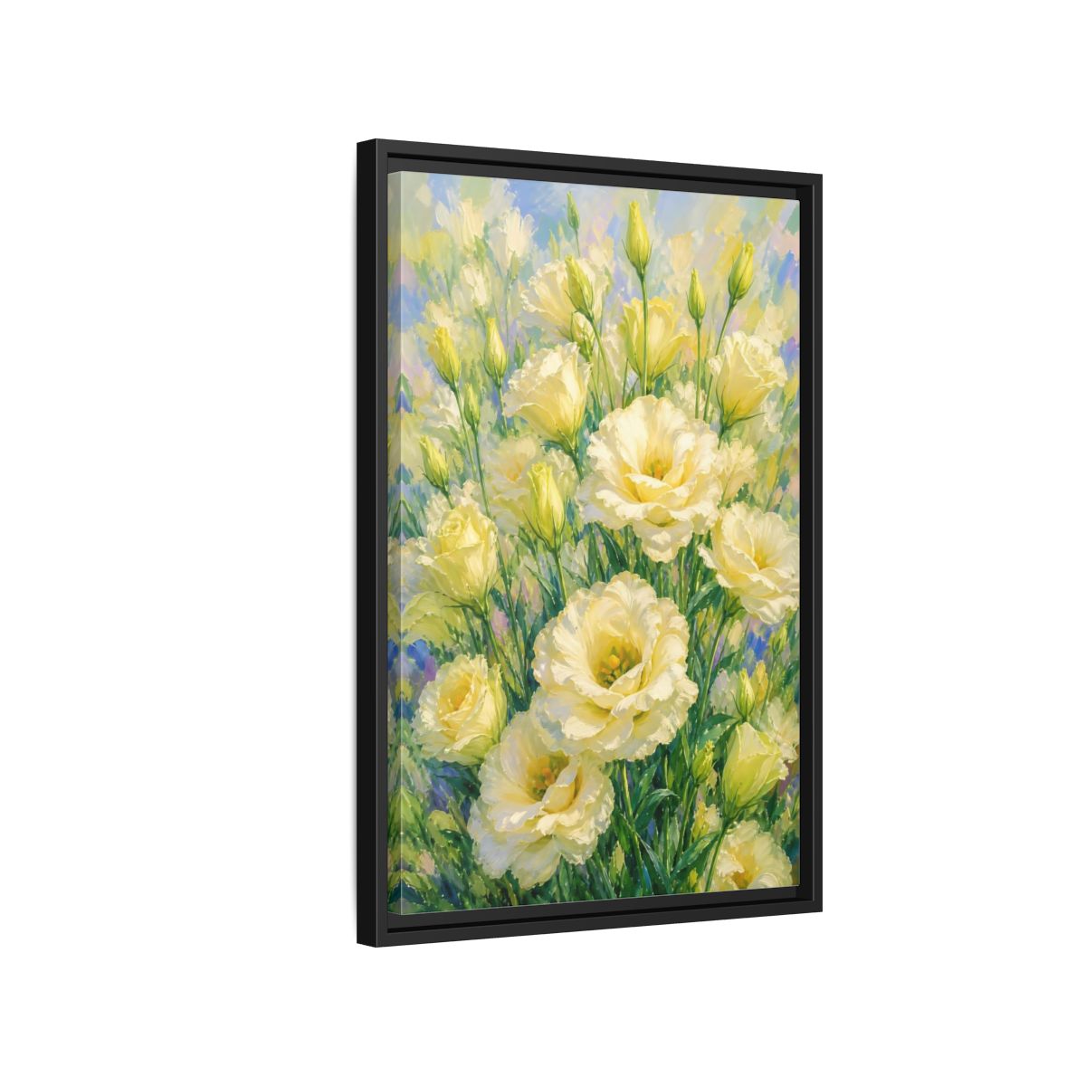 Side Mockup 3. Sunlit Yellow Blossoms shown as framed canvas print