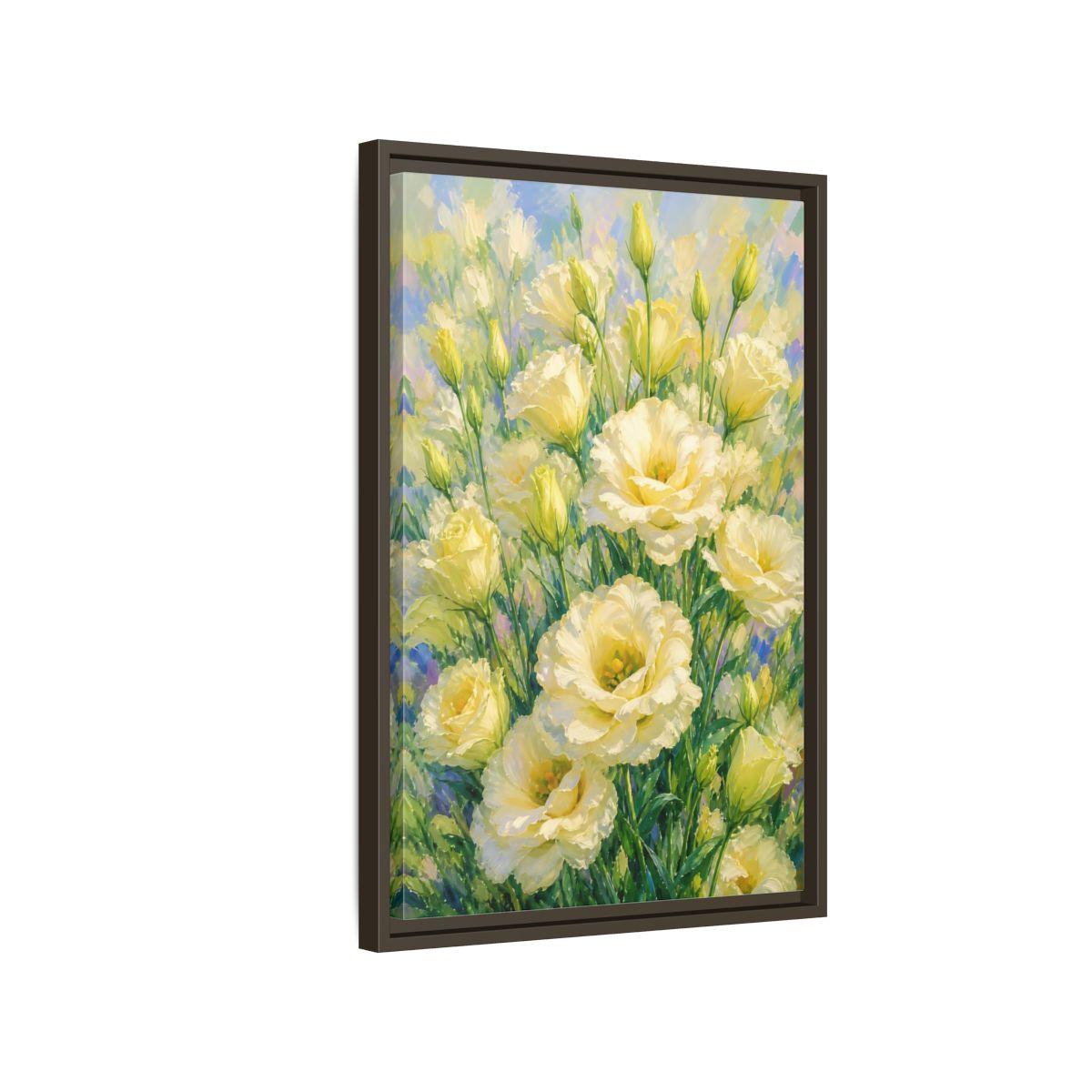Side Mockup 2. Sunlit Yellow Blossoms shown as framed canvas print