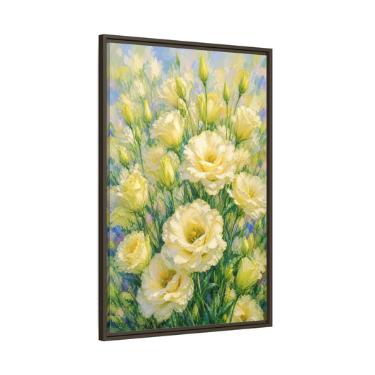 Main Mockup. Sunlit Yellow Blossoms shown as framed canvas print