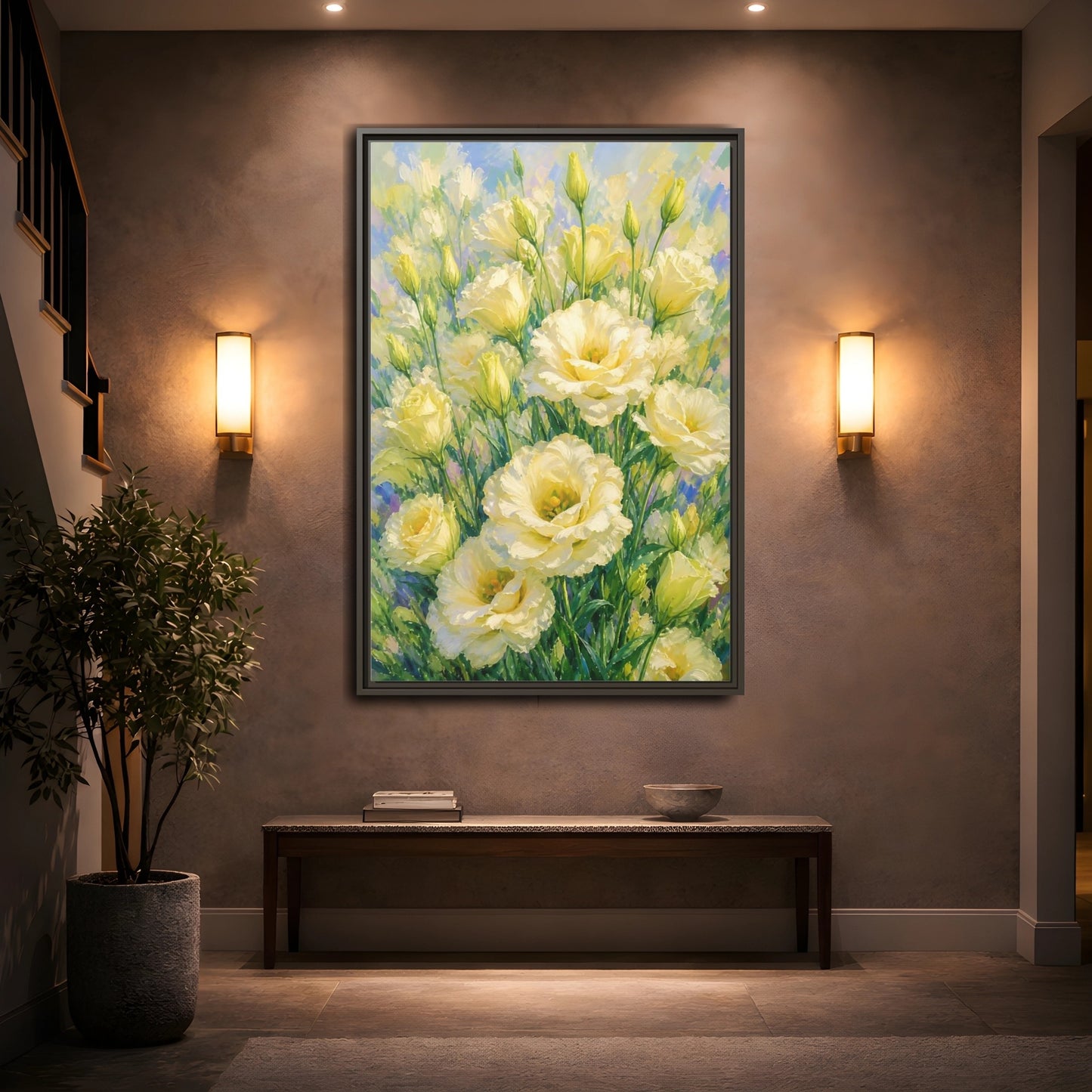 Mockup 2. Sunlit Yellow Blossoms shown as framed canvas print