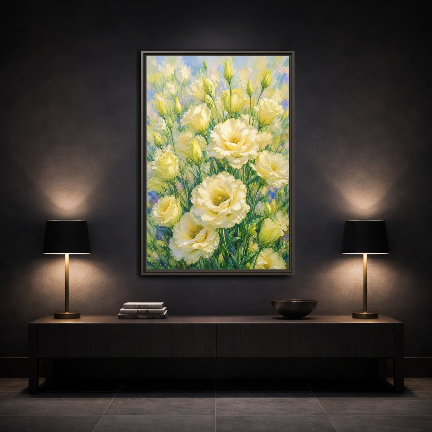 Mockup 3. Sunlit Yellow Blossoms shown as framed canvas print
