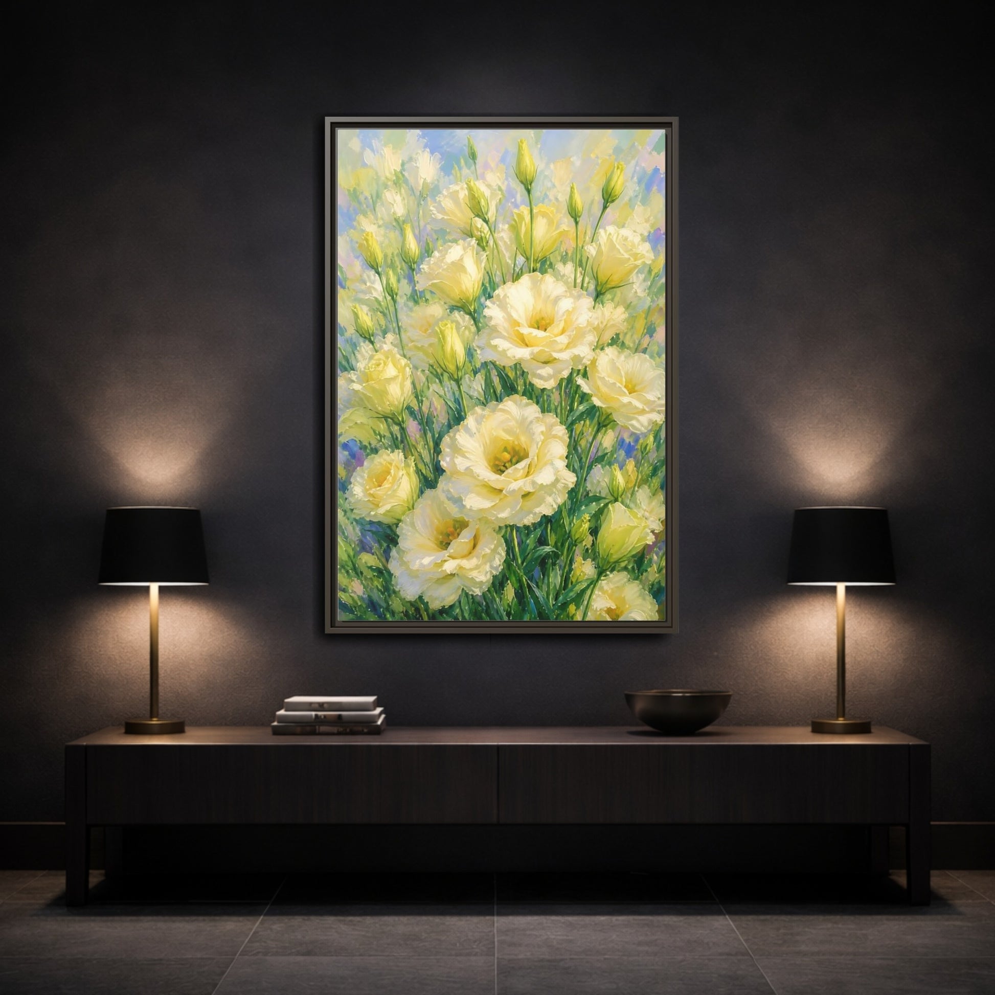 Mockup 3. Sunlit Yellow Blossoms shown as framed canvas print