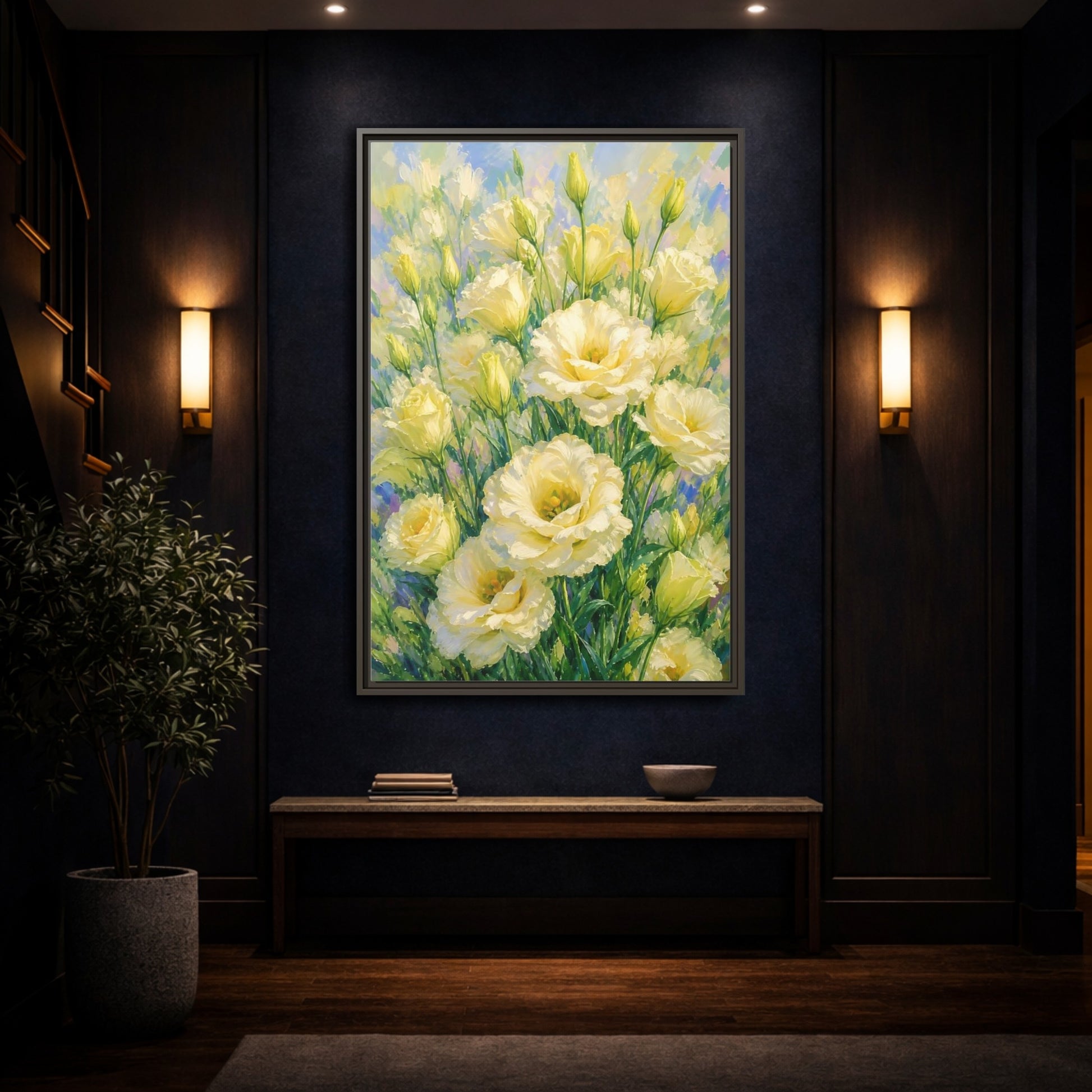 Mockup 4. Sunlit Yellow Blossoms shown as framed canvas print