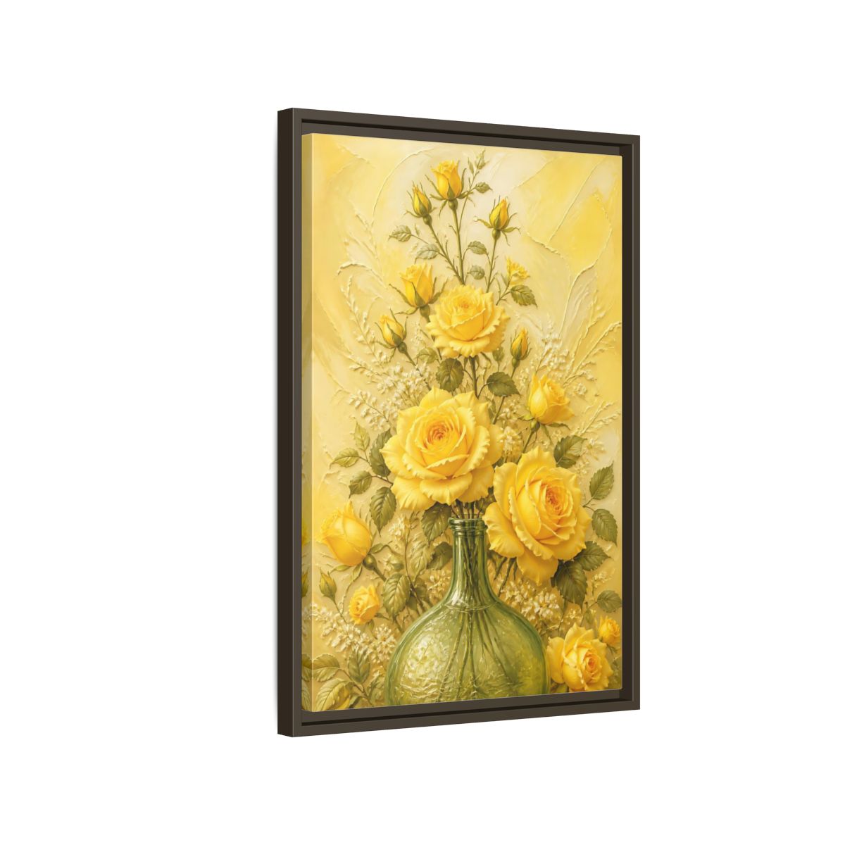 Side Mockup 2. Sunlit Yellow Rose Bouquet shown as framed canvas print