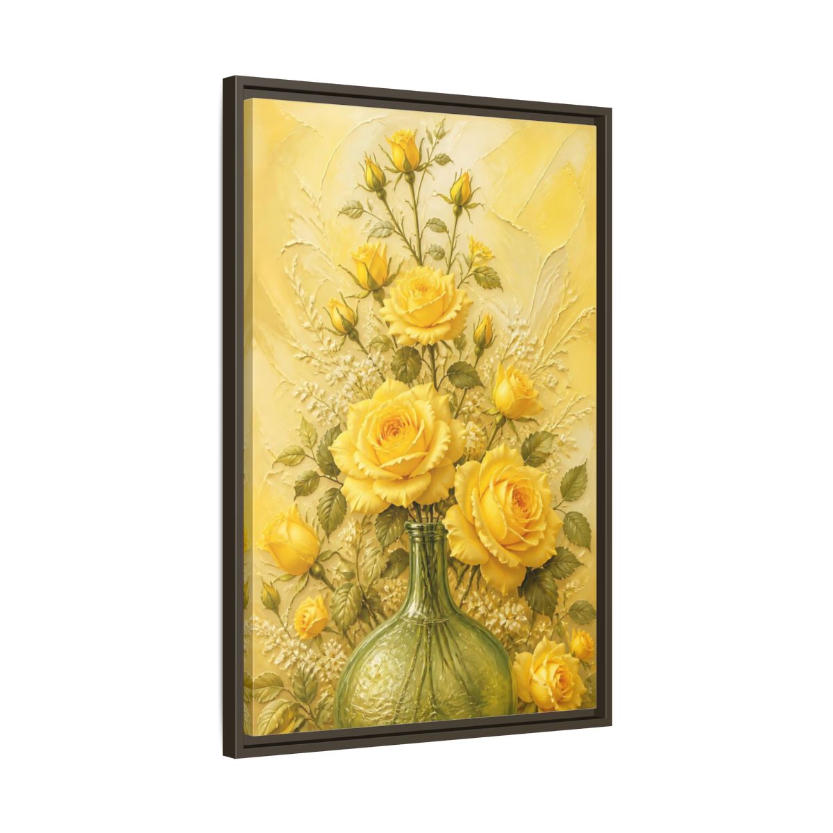 Side Mockup 11. Sunlit Yellow Rose Bouquet shown as framed canvas print