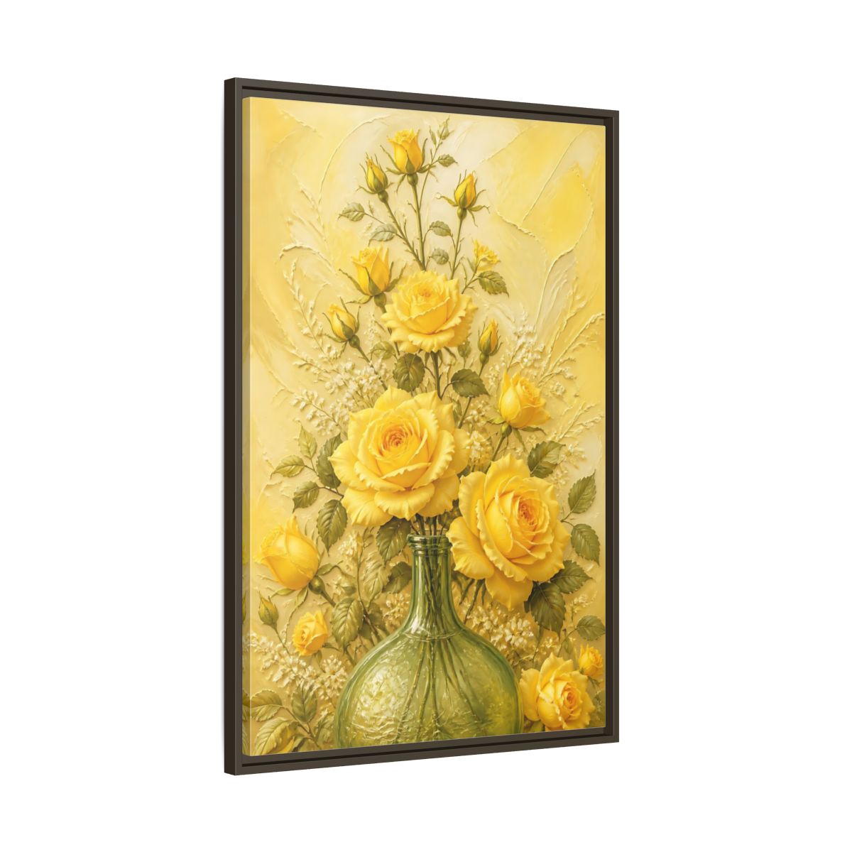 Main Mockup. Sunlit Yellow Rose Bouquet shown as framed canvas print