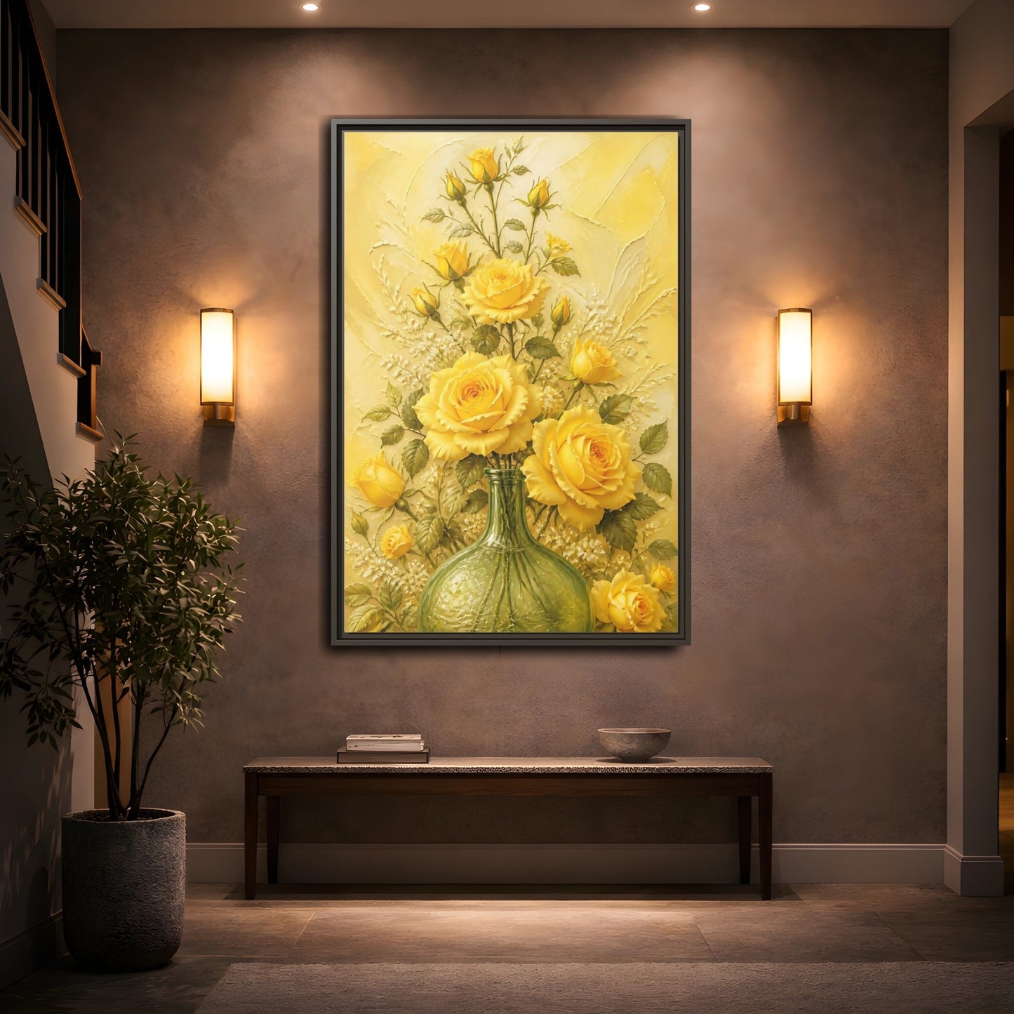 Mockup 2. Sunlit Yellow Rose Bouquet shown as framed canvas print