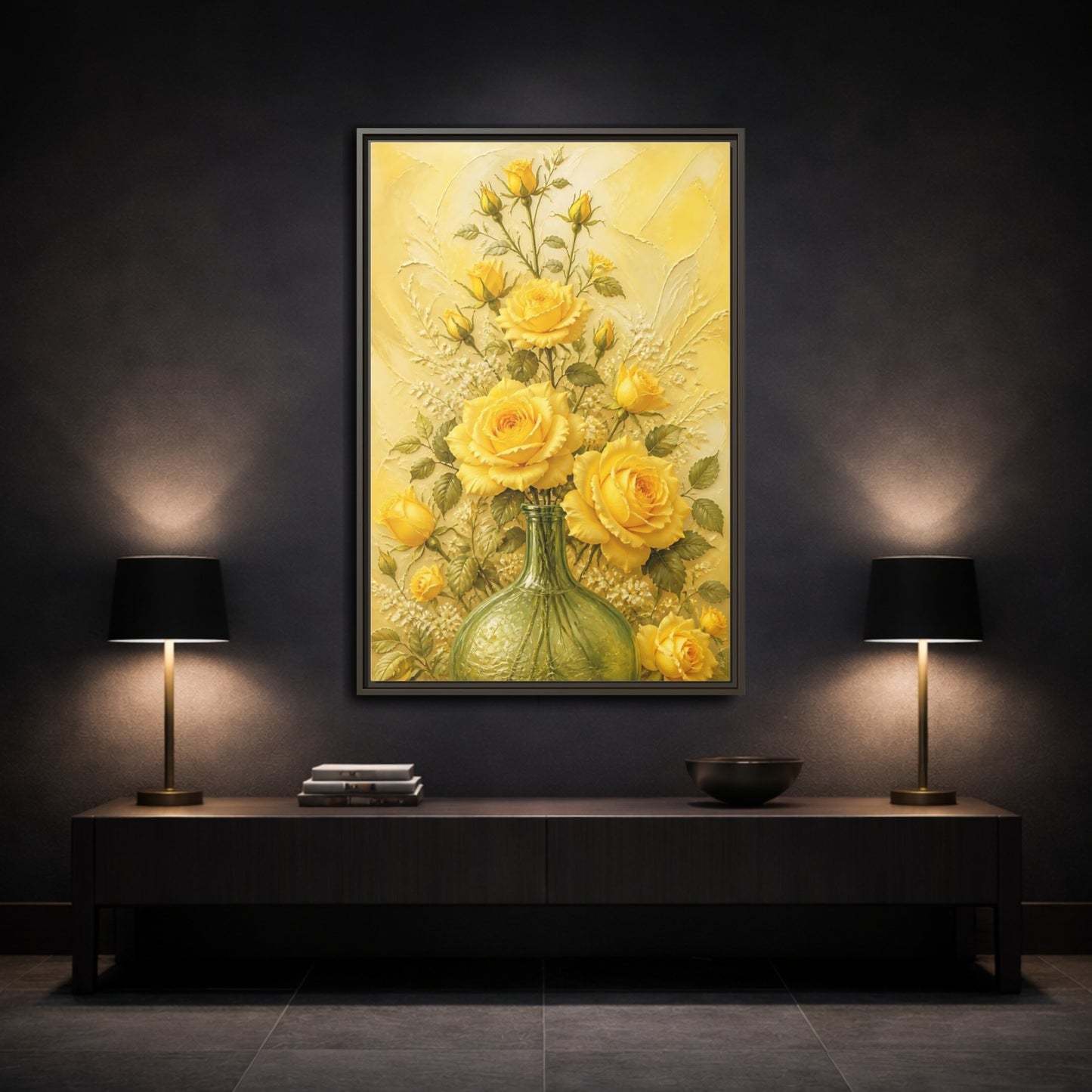 Mockup 3. Sunlit Yellow Rose Bouquet shown as framed canvas print