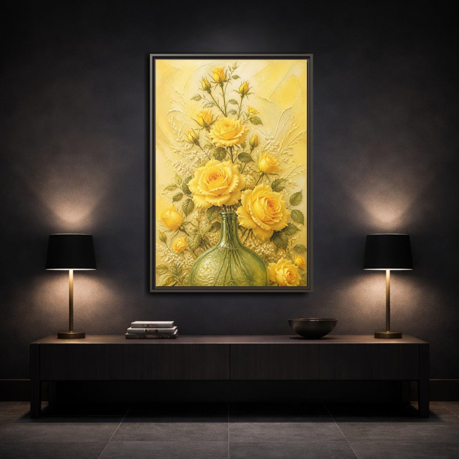Mockup 3. Sunlit Yellow Rose Bouquet shown as framed canvas print