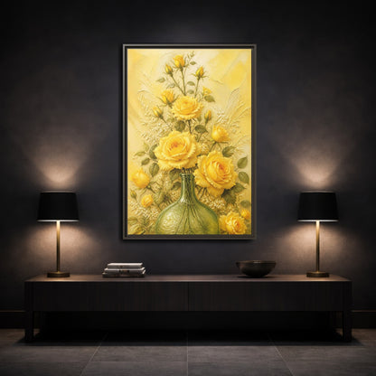 Mockup 3. Sunlit Yellow Rose Bouquet shown as framed canvas print