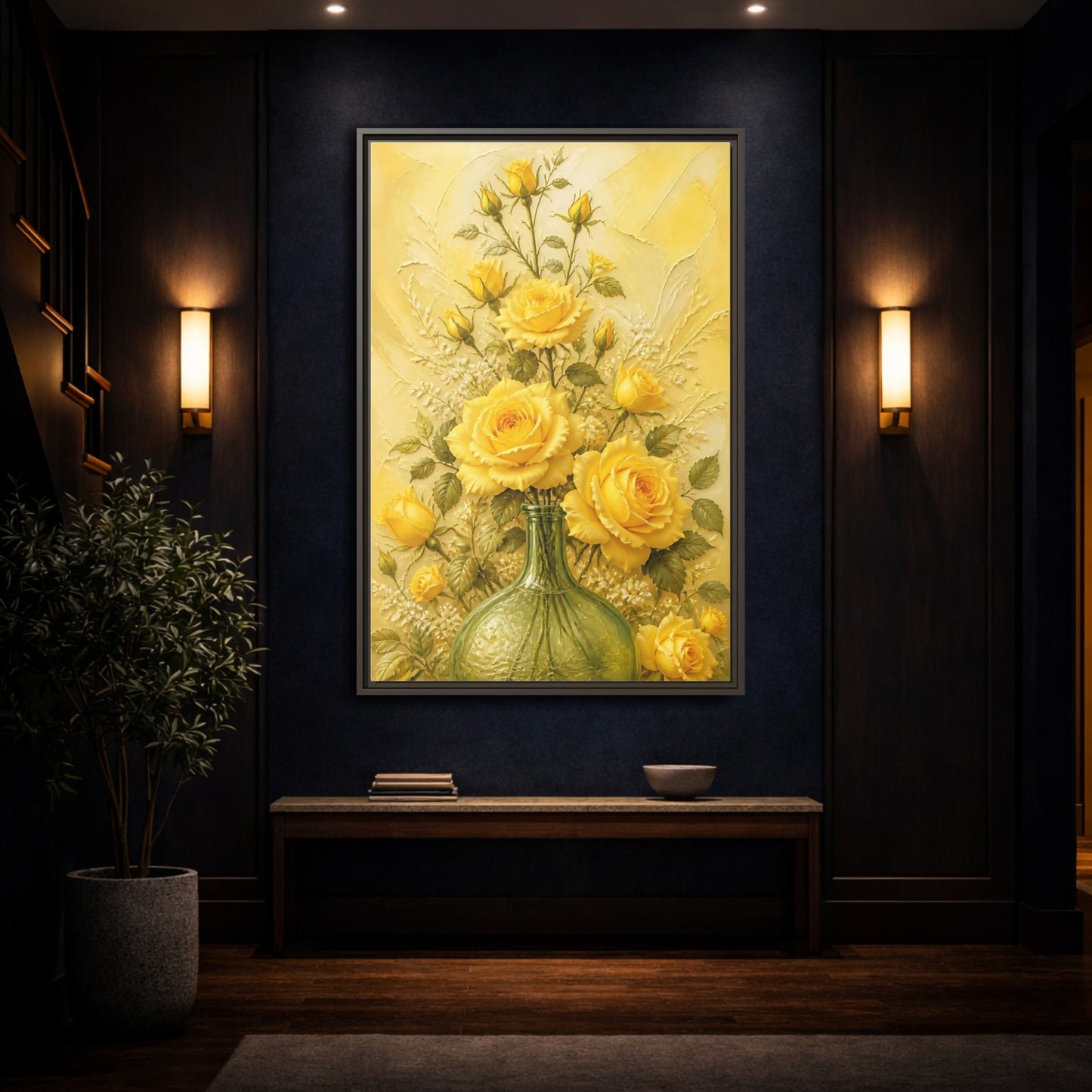Mockup 4. Sunlit Yellow Rose Bouquet shown as framed canvas print