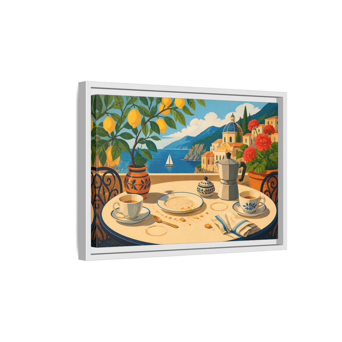 Side Mockup 4. Sunny Coastal Breakfast shown as framed canvas print