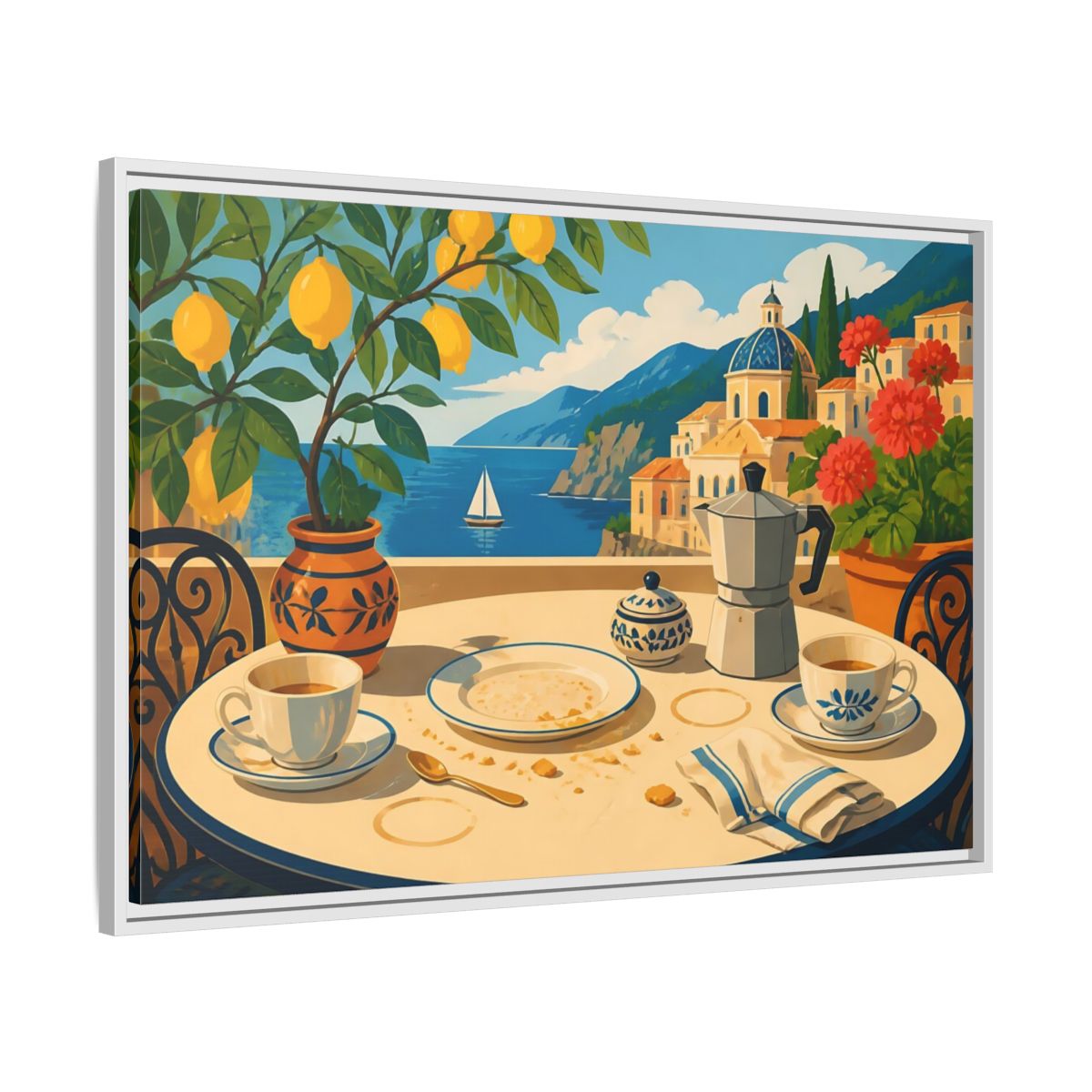 Side Mockup 9. Sunny Coastal Breakfast shown as framed canvas print