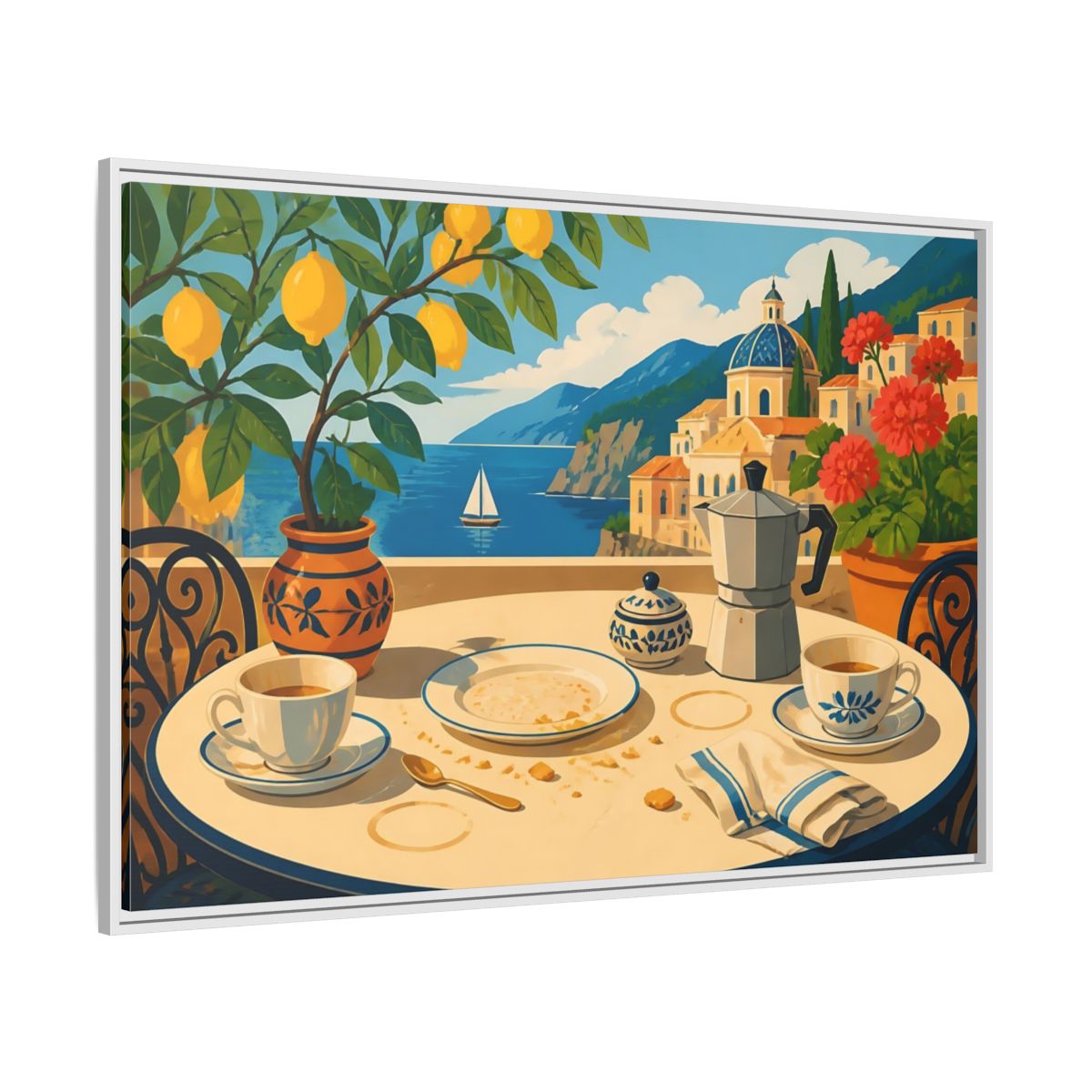 Side Mockup 7. Sunny Coastal Breakfast shown as framed canvas print
