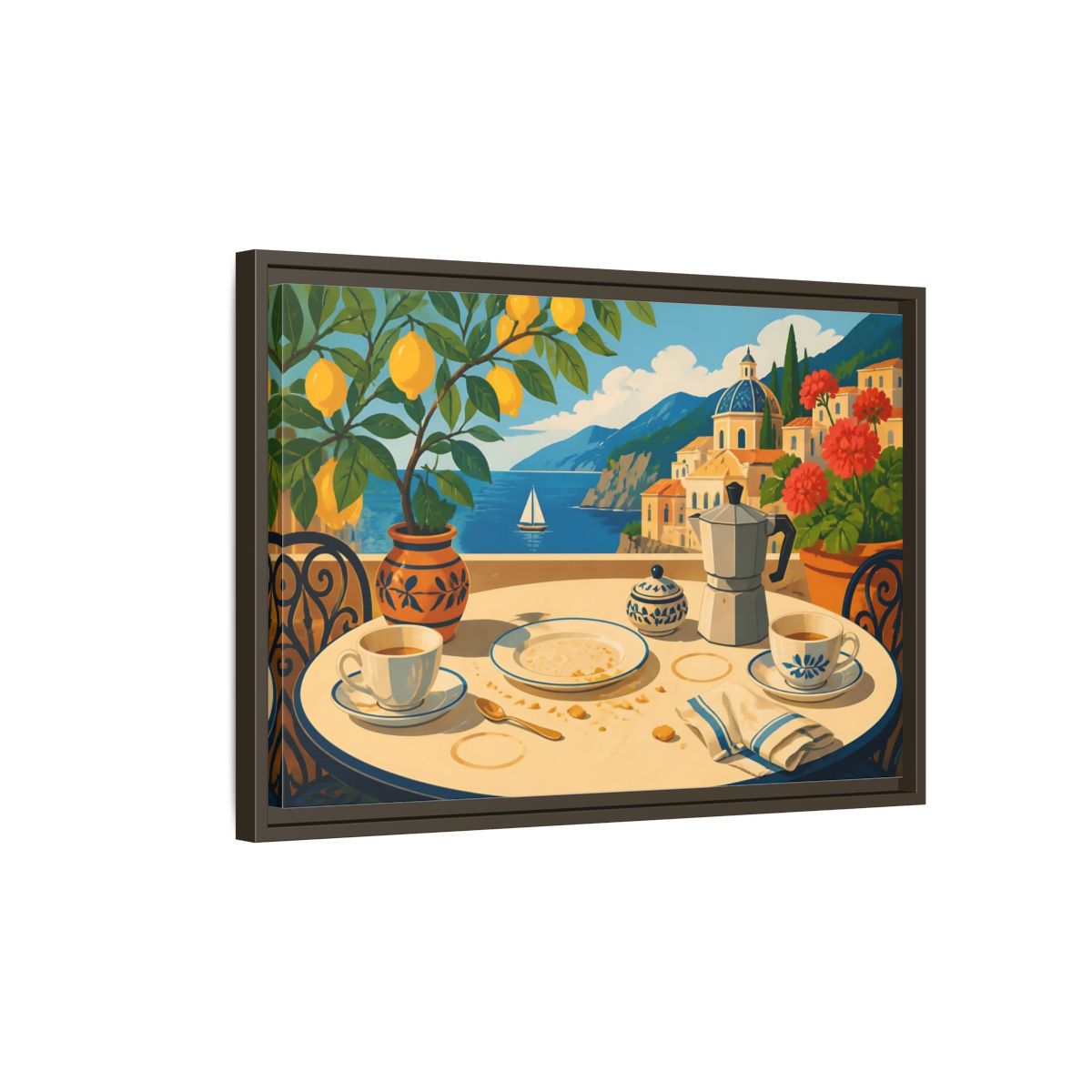 Side Mockup 2. Sunny Coastal Breakfast shown as framed canvas print