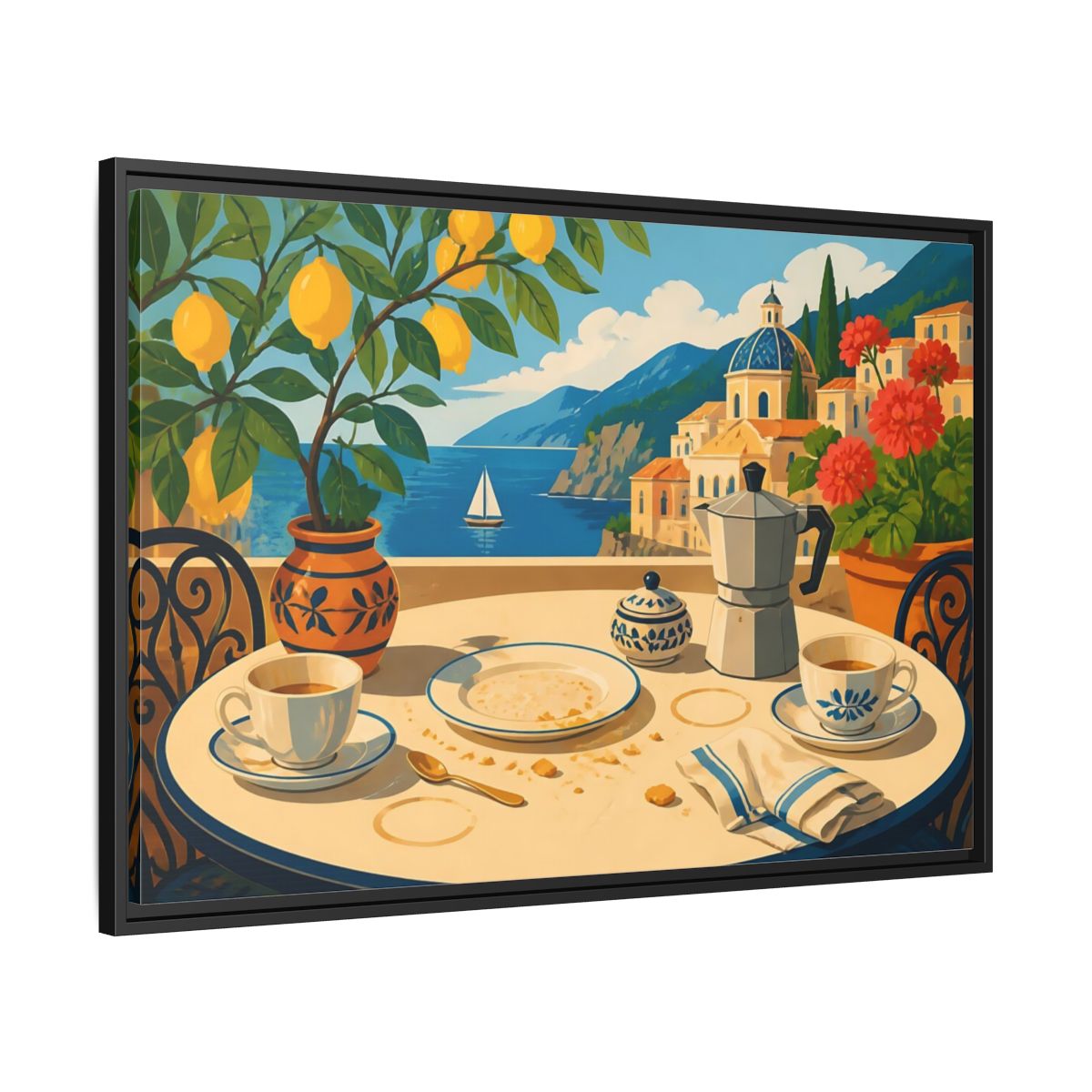 Side Mockup 13. Sunny Coastal Breakfast shown as framed canvas print