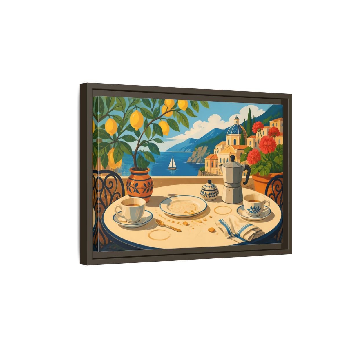 Side Mockup 5. Sunny Coastal Breakfast shown as framed canvas print