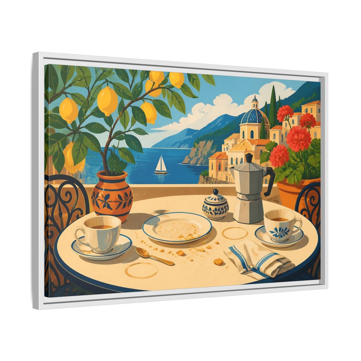 Side Mockup 10. Sunny Coastal Breakfast shown as framed canvas print
