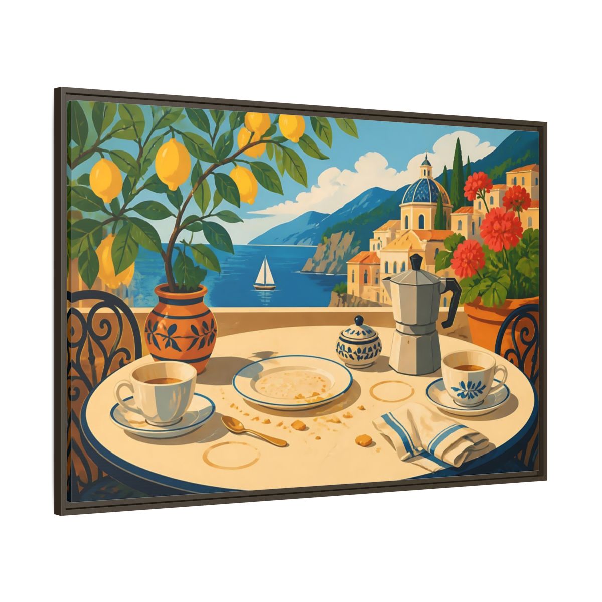 Side Mockup 8. Sunny Coastal Breakfast shown as framed canvas print