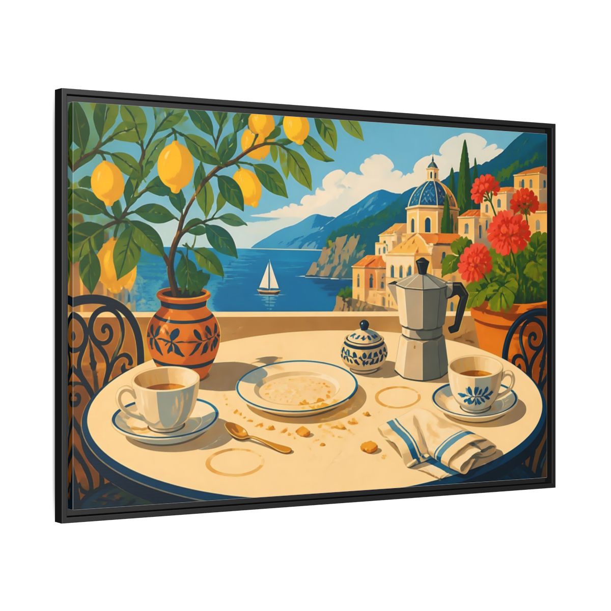 Side Mockup 12. Sunny Coastal Breakfast shown as framed canvas print