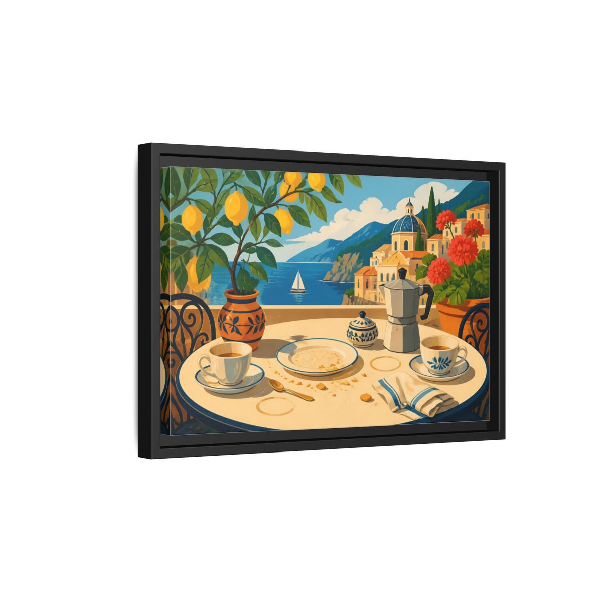 Side Mockup 6. Sunny Coastal Breakfast shown as framed canvas print