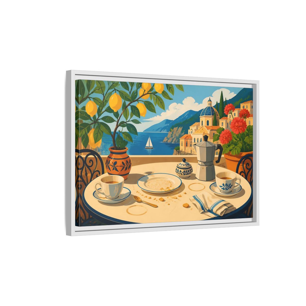 Side Mockup 1. Sunny Coastal Breakfast shown as framed canvas print