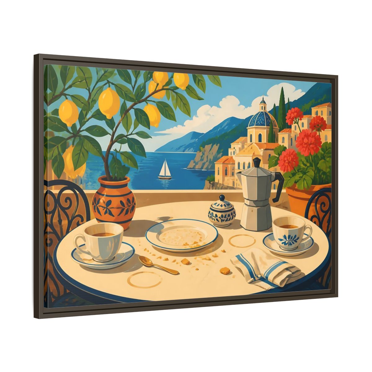 Main Mockup. Sunny Coastal Breakfast shown as framed canvas print