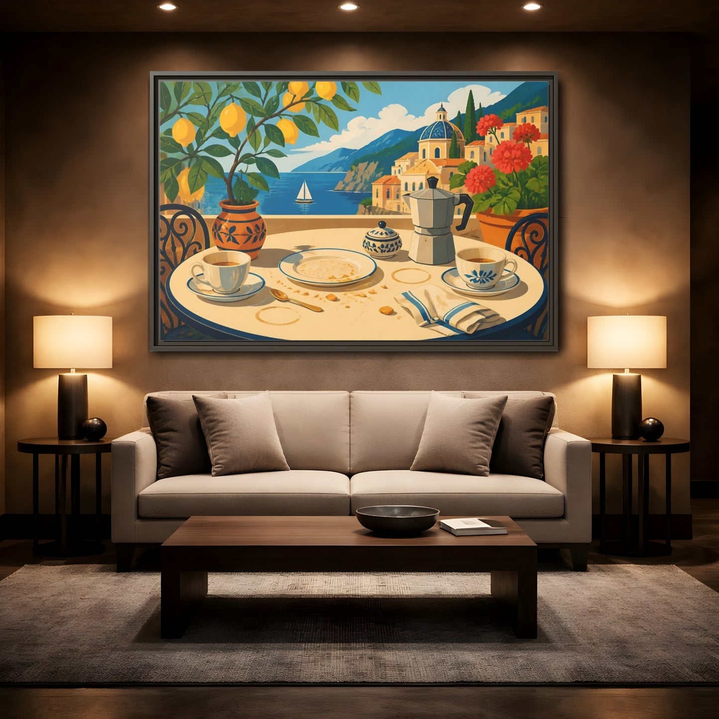 Mockup 2. Sunny Coastal Breakfast shown as framed canvas print